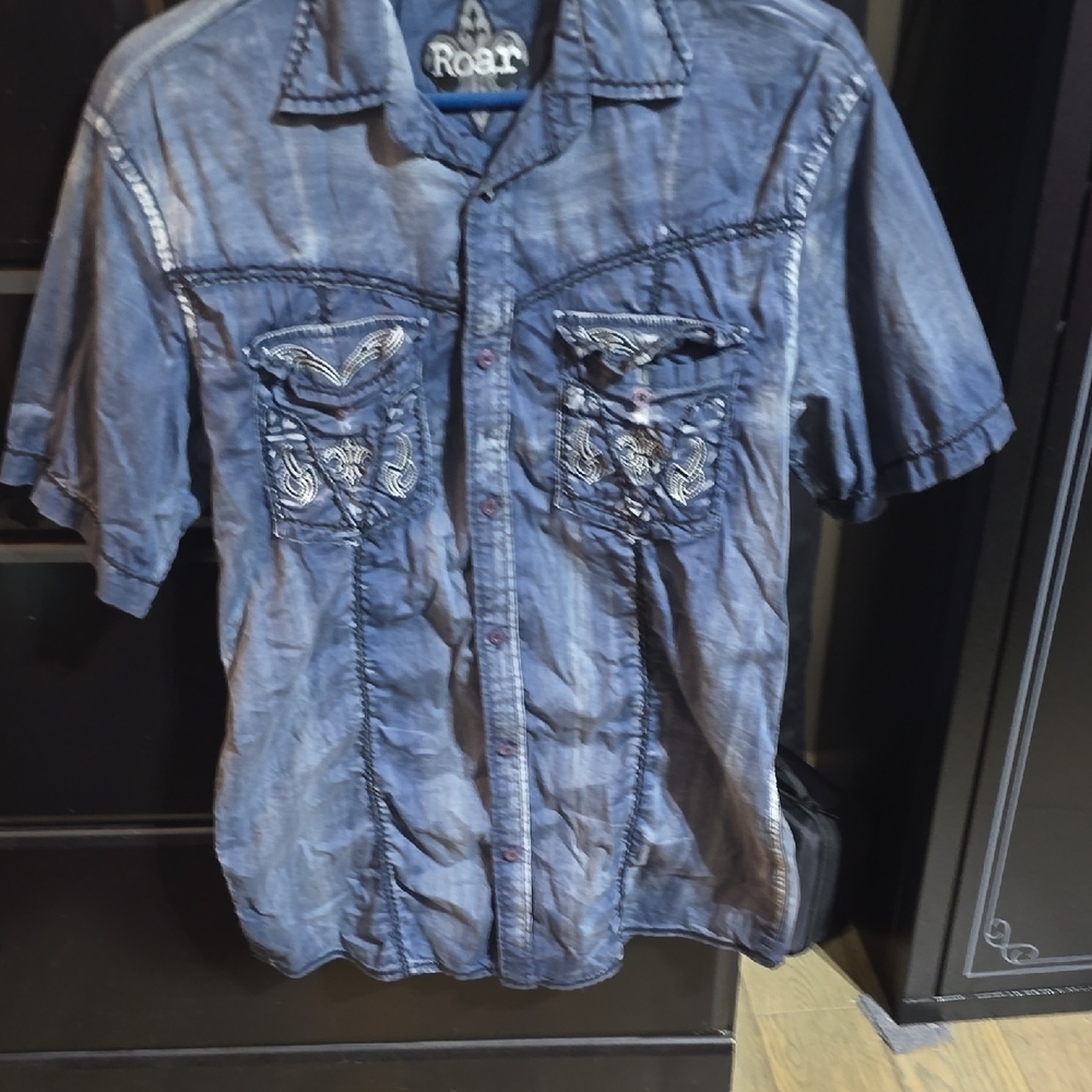 Roar Men's Distressed Indigo Button Down Shirt